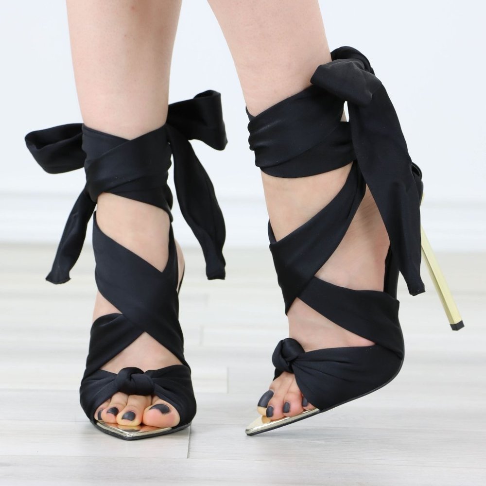 Black Open pointed Toe High Heel Ankle Strap Fabric Gold Needle Heel - Picture 9 of 12